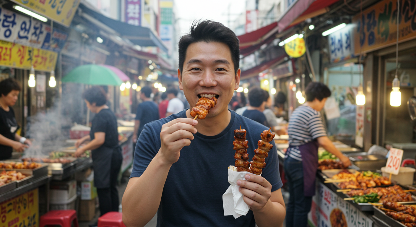 제주 시장에서 흑돼지 꼬치를 맛보며 현지인들과 활기찬 분위기를 즐기는 모습.