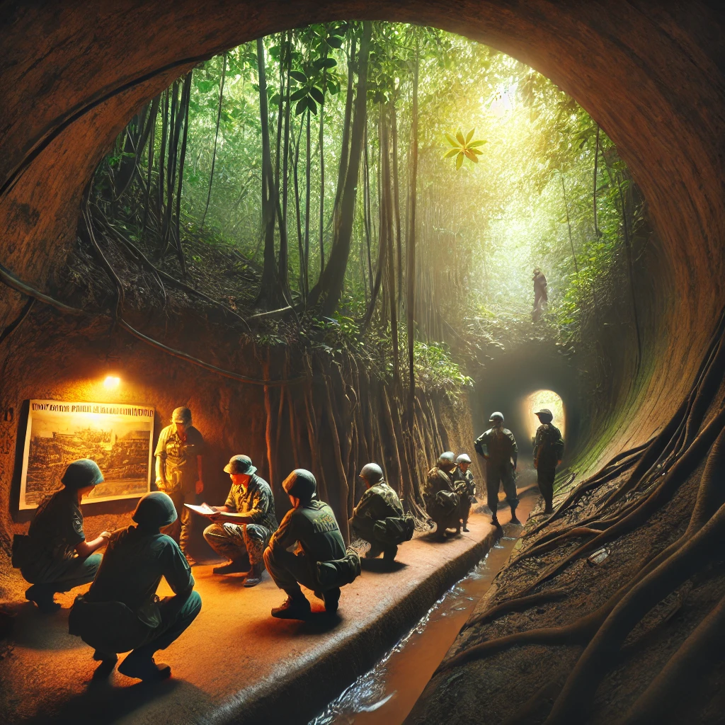 꾸찌 터널 입구와 좁은 지하 통로를 탐험하는 관광객들