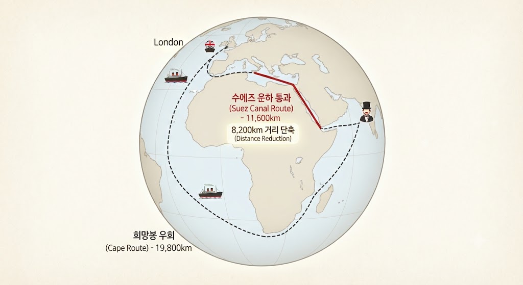 세계 지도 위에 아프리카 대륙을 돌아가는 긴 항로(검은색 점선, '희망봉 우회')와 수에즈 운하를 통과하는 짧은 항로(붉은색 실선, '8,000km 단축')를 비교하여 보여줍니다. 붉은색 화살표 옆에는 '물류비 절감'과 '군사 이동 속도 향상' 아이콘을 배치하여 대영제국이 왜 운하를 집착했는지 설명합니다.