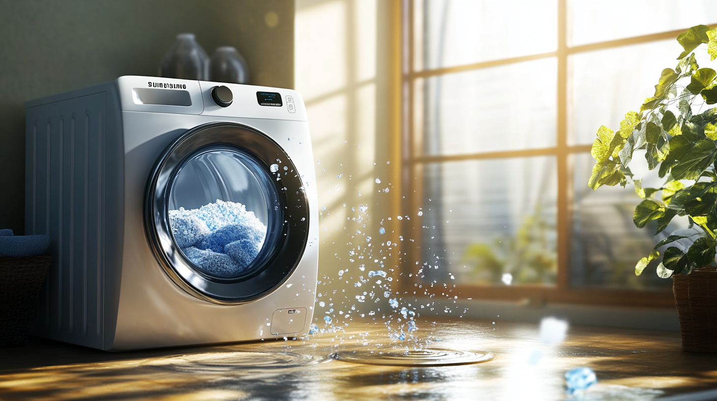 삼성의 혁신적인 세탁 사이클을 통한 미세플라스틱 입자 감소 여정을 표현한 사진, 친환경적인 테마가 강조됨.