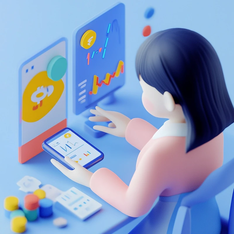 워킹맘이 실시간 금융 그래프와 글로벌 통화기호 속에서 스마트폰으로 연금 ETF 포트폴리오를 분석하며 투자전략을 세우는 모습, 연금 ETF, 무역전쟁, 2025년, 포트폴리오 다각화, 여성 투자자