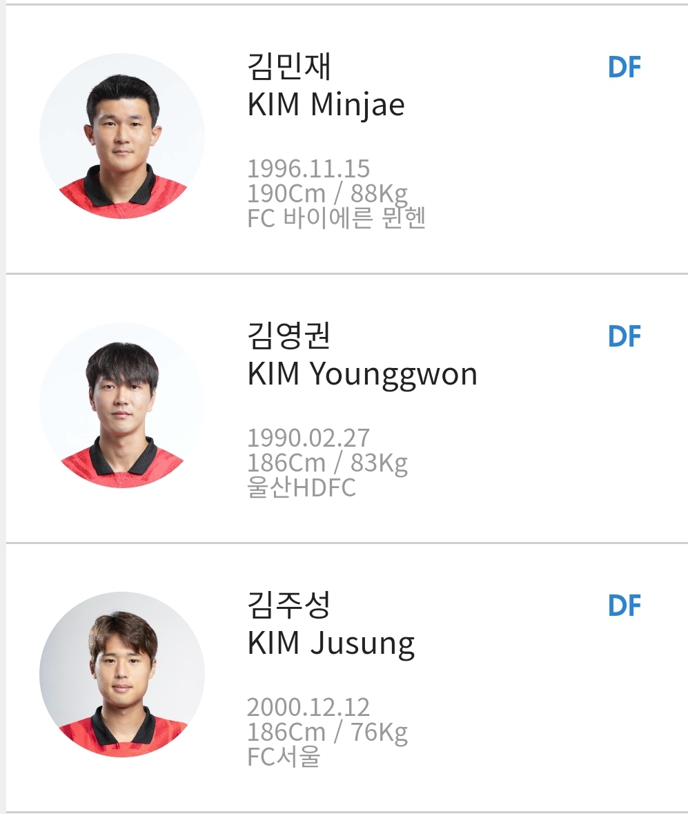 수비수 김민재 김영권 김주성 (DF)