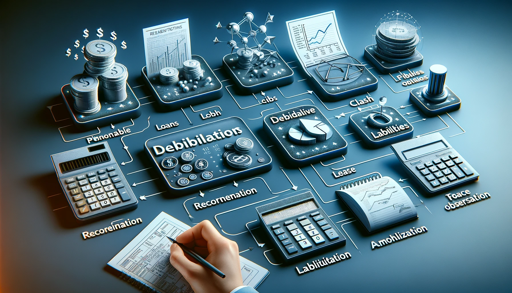 It includes simplified symbols or elements representing loans&#44; payable cash&#44; derivative obligations&#44; and lease liabilities. Additionally&#44; the image features a flowchart or diagram that illustrates the recognition&#44; measurement&#44; and amortization processes in a simplified manner.