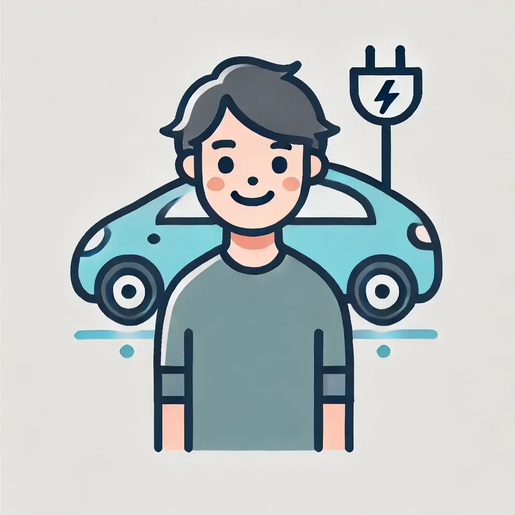 전기차 앞에서 웃고 있는 첫 차 구매 청년.