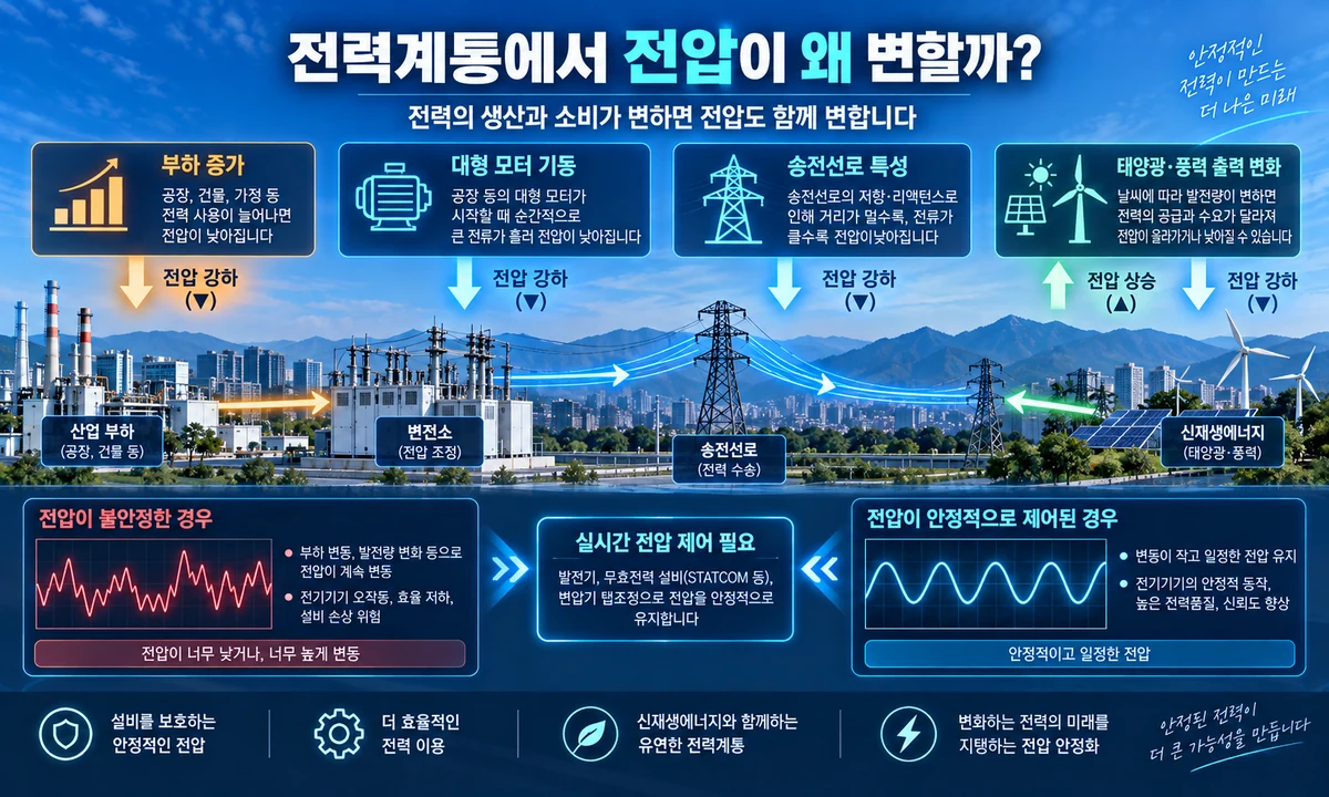 부하 증가와 대형 모터 기동, 송전선로 특성, 태양광&middot;풍력 출력 변화로 계통 전압이 변하는 이유를 설명한 인포그래픽