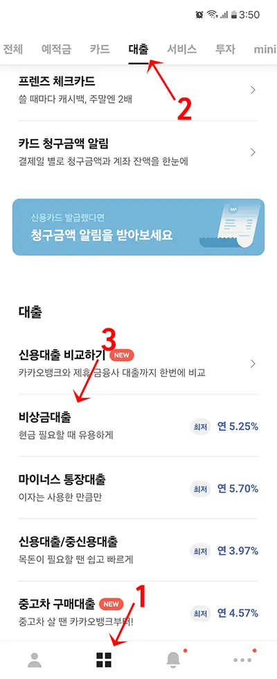 카카오뱅크 비상금대출 신청방법