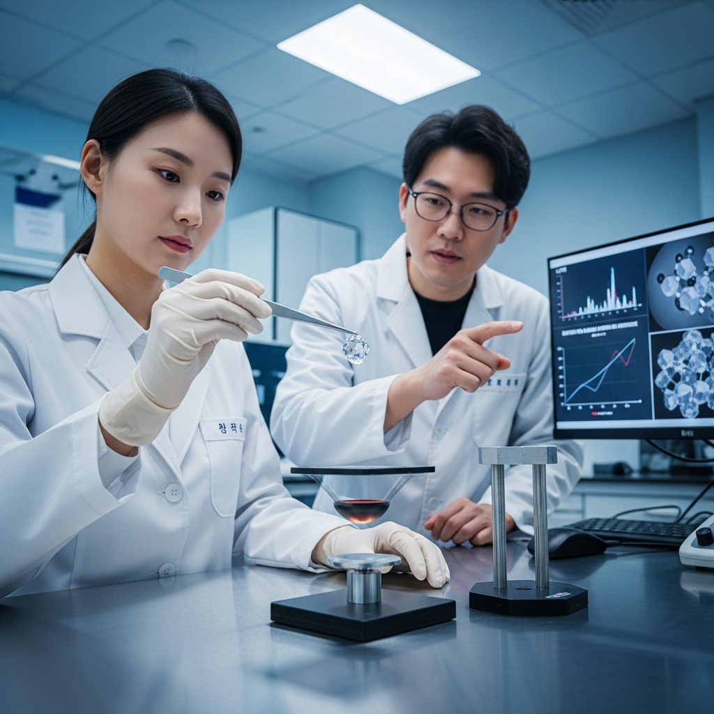 a shiny crystalline sample over a small levitating magnet demonstrating the Meissner effect