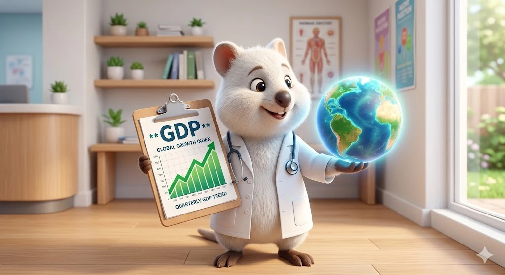 국가 경제 건강을 진단하는 핵심 지표인 GDP(국내총생산) 상승 차트와 지구본 이미지