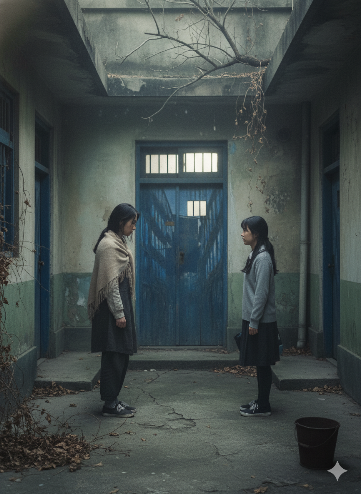 진아와 혜미가 새장 여인숙 마당에서 마주 보고 있는 쓸쓸한 모습