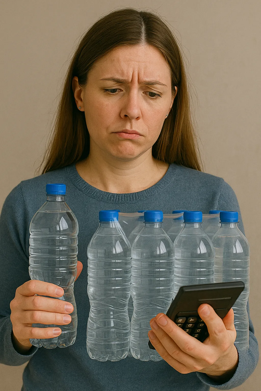 계산기를-들고-생수-묶음을-보며-고민하는-여성의-표정과-고민-상황