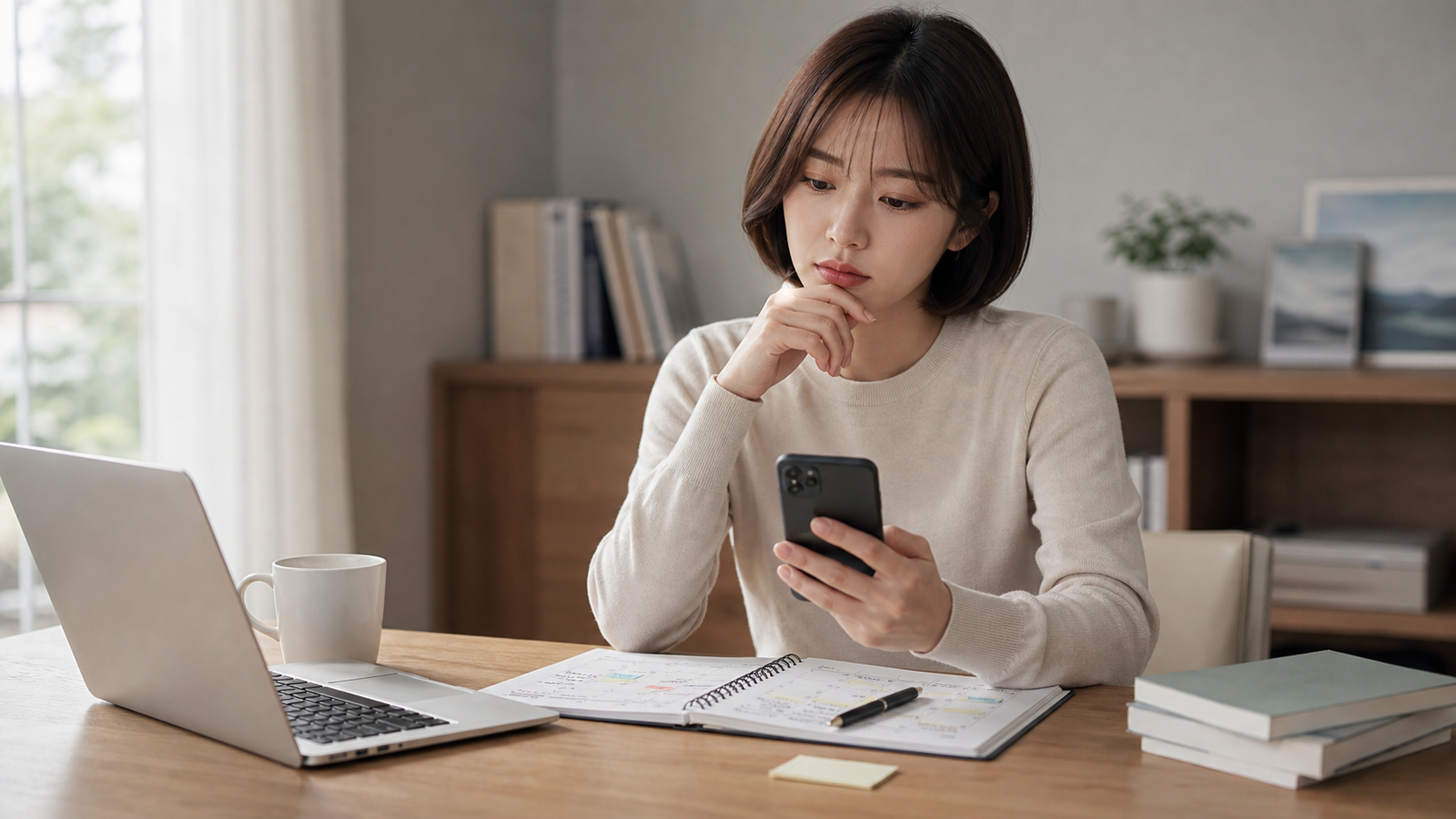 서윤이 부탁 메시지를 보고 일정표를 확인하며 거절 여부를 고민하는 현실적인 장면