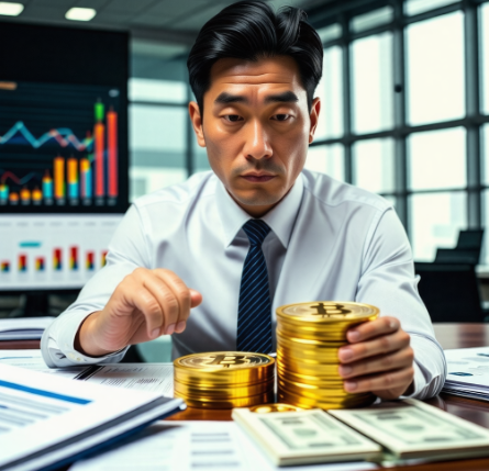 돈을 보고있는 중년 남성
