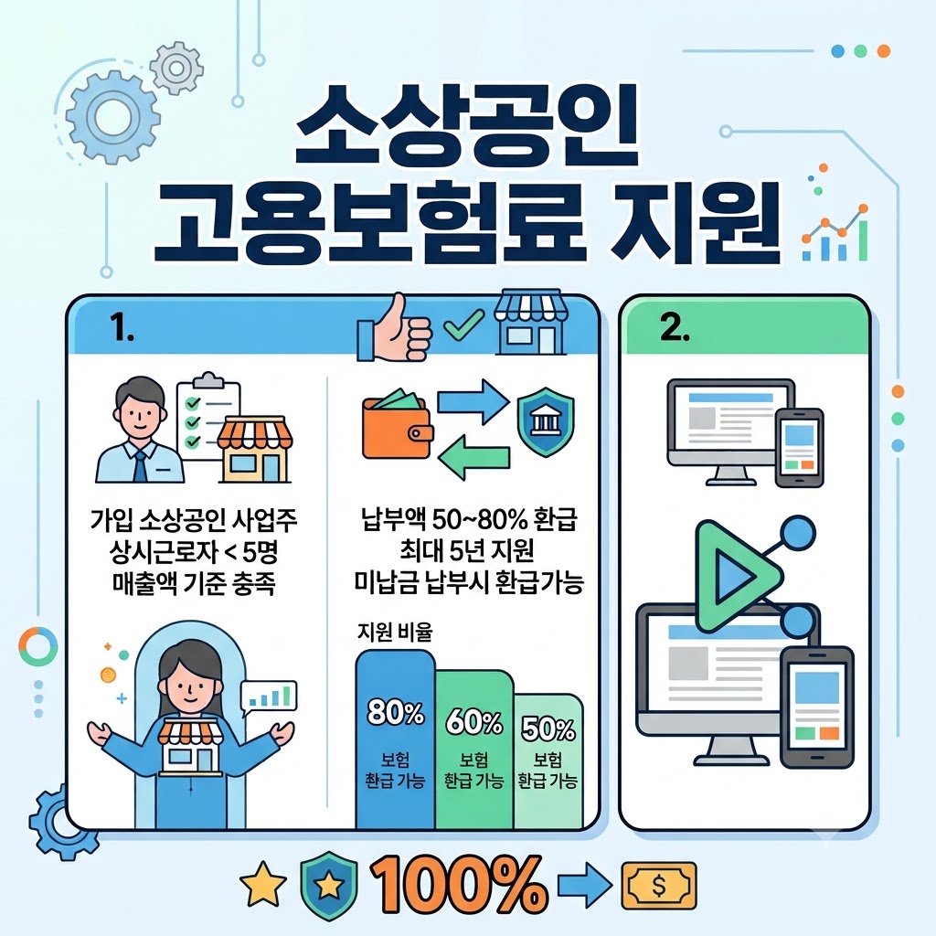 소상공인 고용보험료 지원 제도의 핵심 정보를 모바일 가독성을 최우선으로 고려하여 요약한 인포그래픽