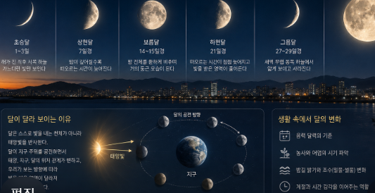초승달부터 보름달까지 달의 위상 변화가 밤하늘 위에서 시간의 흐름에 따라 이어지는 모습 설명