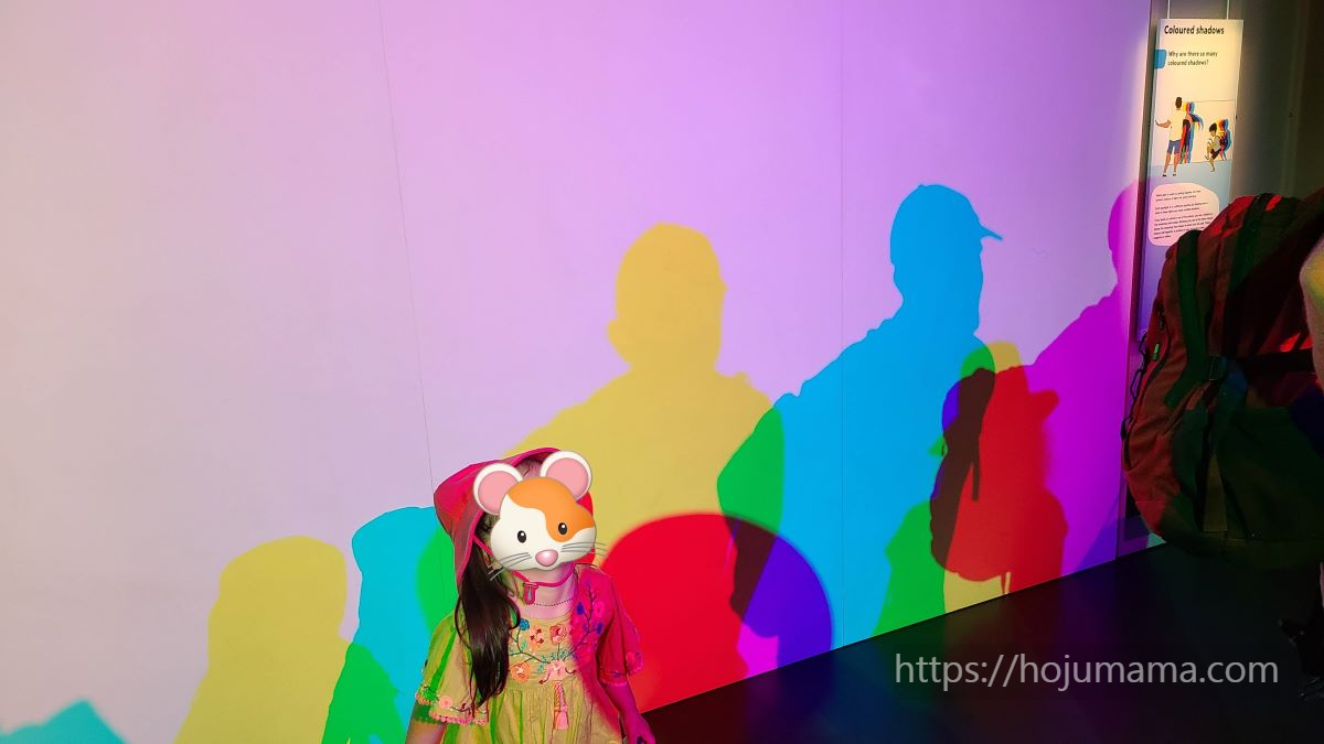딸이 색깔 그림자 섹션에서 그림자 놀이를 하고 있다