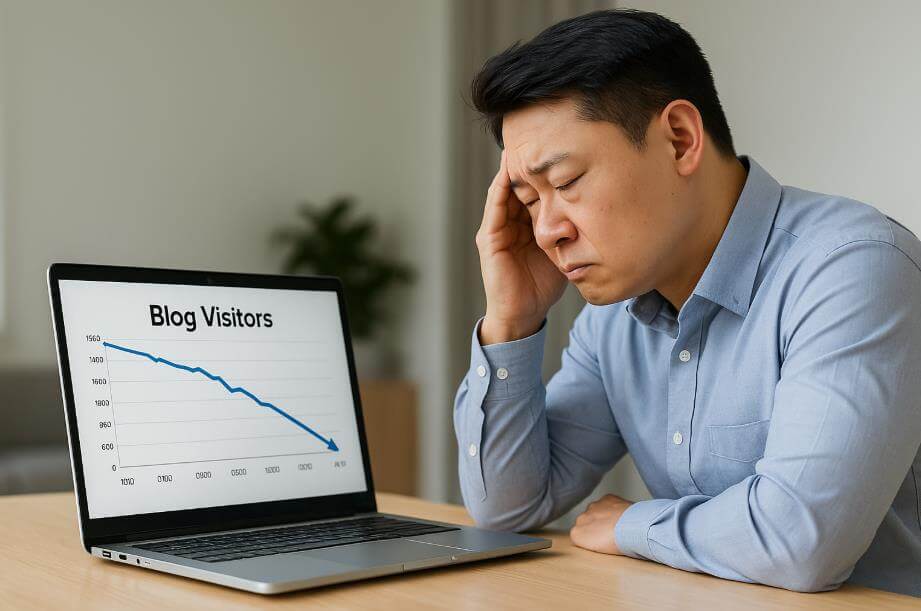 블로그 방문자 감소 그래프와 고민하는 직장인