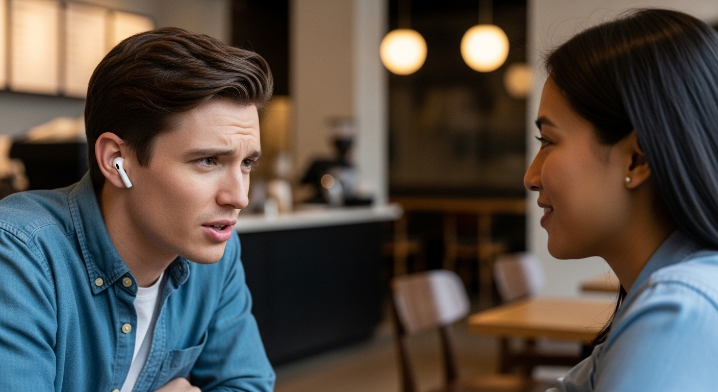 조용한 카페에서 에어팟 실시간 번역을 사용하며 일대일 대화를 나누는 두 사람.