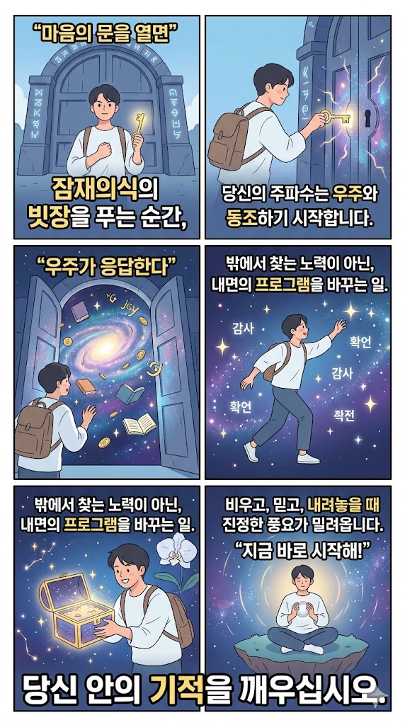 潜在意識의 扉를 열고 宇宙의 豊饒를 찾는 6컷 만화 (잠재의식의 문을 열고 우주의 풍요를 찾는 6컷 만화)