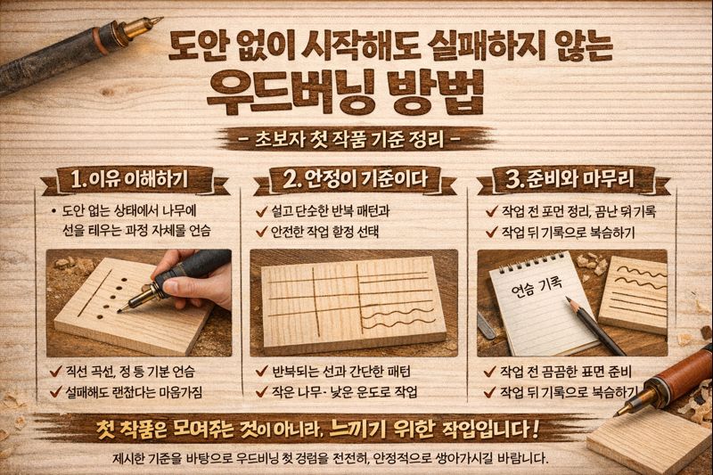 도안 없이 시작해도 실패하지 않는 우드버닝 방법-초보자 첫 작품 기준 정리