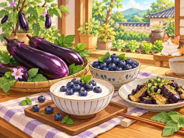 싱싱한 가지와 블루베리, 그릭요거트와 가지 요리가 함께 놓인 건강한 식탁 일러스트