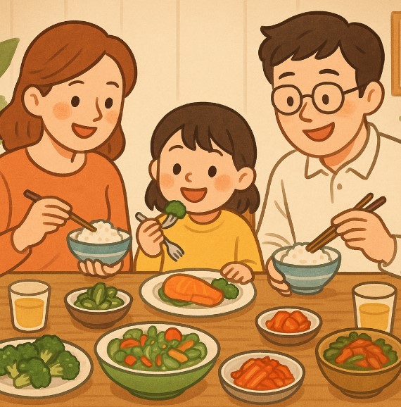 식탁에서 다채로운 건강 식단을 즐기는 아이와 부모의 따뜻한 저녁 식사 장면