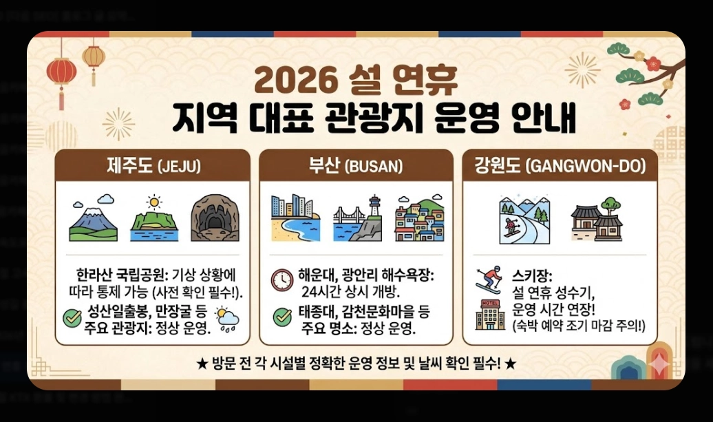 2026년 설 연휴 전국 관광지 운영시간 총정리