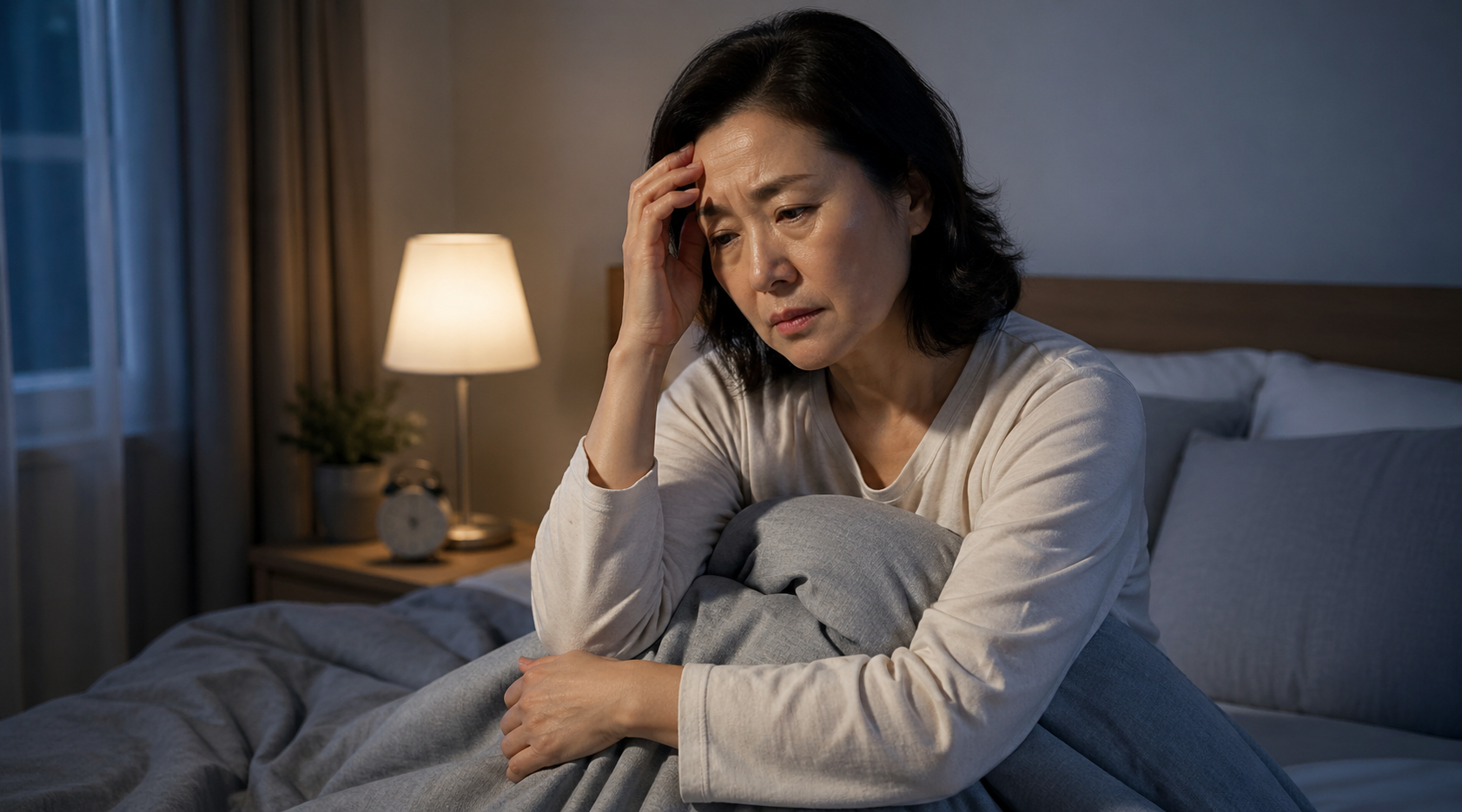 밤에 잠들지 못하고 침대에 앉아 머리를 짚고 고민하는 여성 모습
