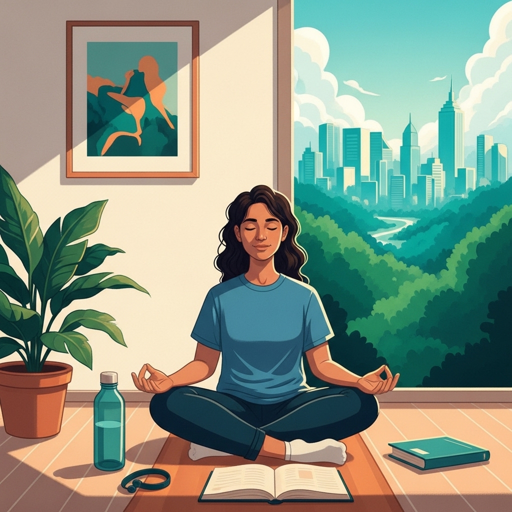 명상하며 지속 가능한 삶을 사는 사람과 푸른 자연이 어우러진 평화로운 풍경