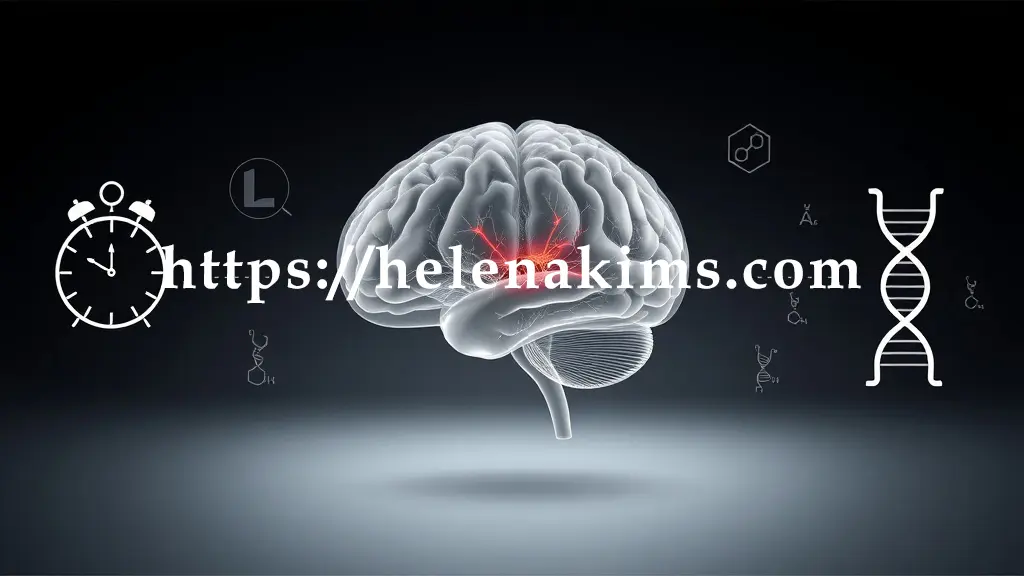 뇌 내부에서는 도파민 신경 세포의 점진적인 손상과 흐릿해지는 연결망이 시각적으로 표현, 뇌 주위로는 시간의 흐름을 나타내는 시계 형태, 복잡하게 얽힌 DNA 이중 나선 구조, 그리고 살충제/제초제를 상징하는 화학 기호 아이콘들이있는 그래픽 이미지.