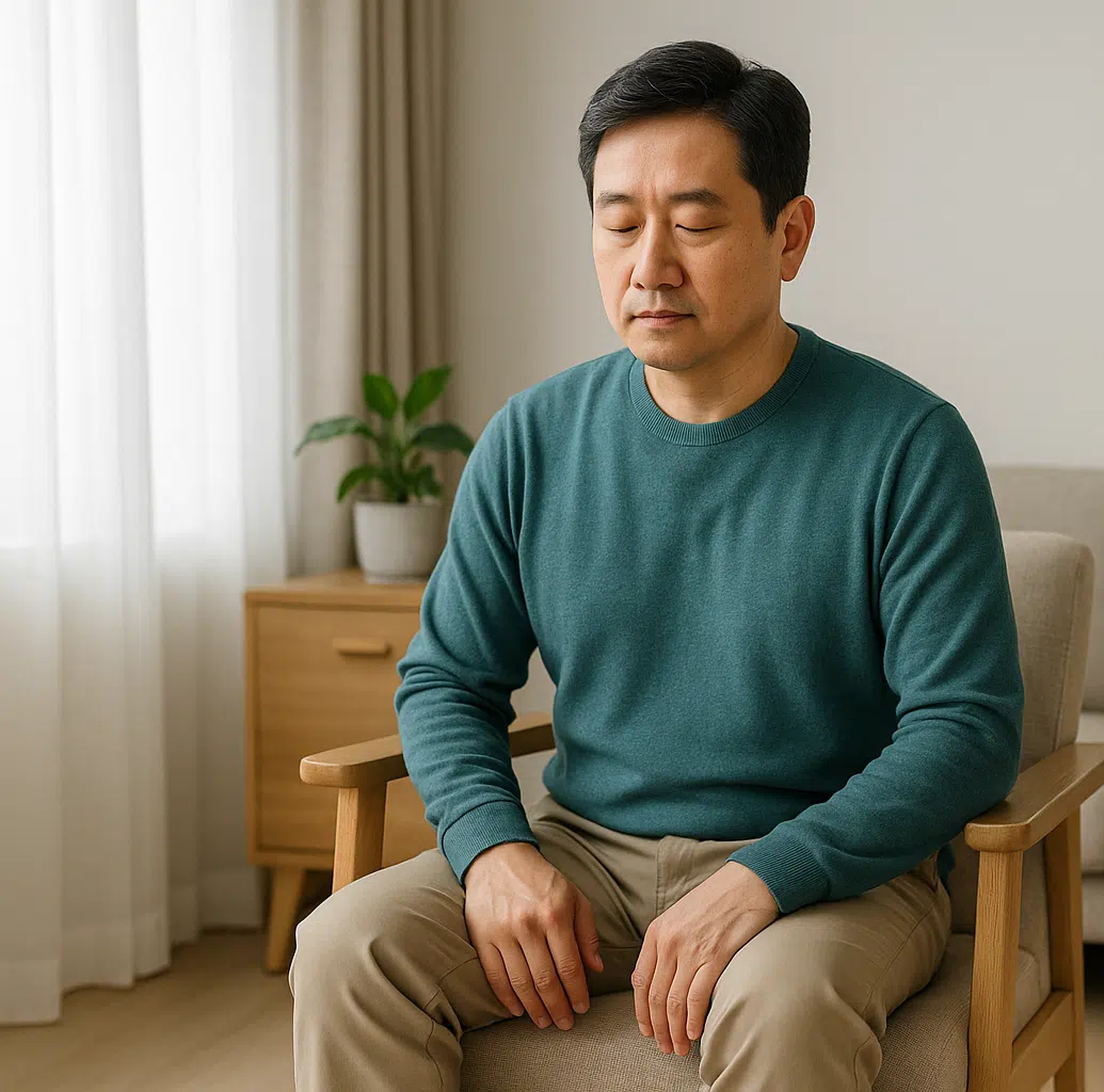 병원 퇴원 후 공원 산책로에서 가볍게 걷는 중년 남성, 자전거·무거운 물건·근력운동 금지 아이콘이 함께 표시된 안전 운동 가이드 인포그래픽