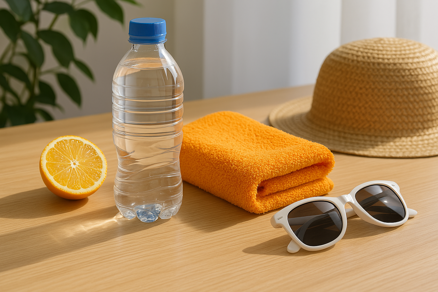 여름철 건강을 위한 필수품들이 테이블 위에 정갈하게 놓여있는 장면, 썬크림 물병 모자 등 계절 변하에 대비한 아이템