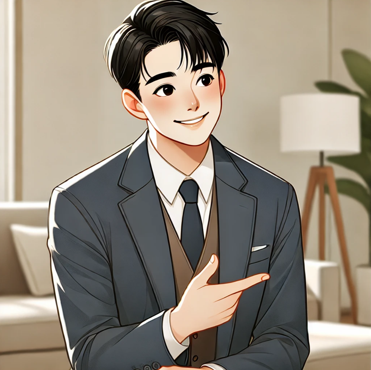 자신감 넘치는 미소로 대화를 나누는 사람. 단정한 옷차림과 편안한 자세로 긍정적인 이미지를 표현