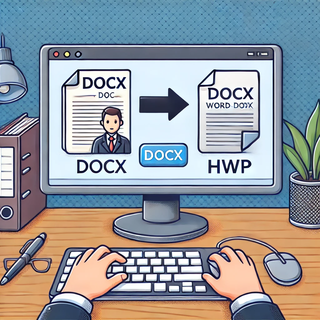 컴퓨터 화면에서 Word(DOCX) 문서가 HWP 파일로 변환되는 과정을 보여주는 일러스트. 화면에는 변환 진행 상태를 나타내는 진행 바가 있으며, 사용자가 마우스로 조작 중이다. 배경에는 노트, 펜, 커피 컵 등 사무용품이 놓여 있다.