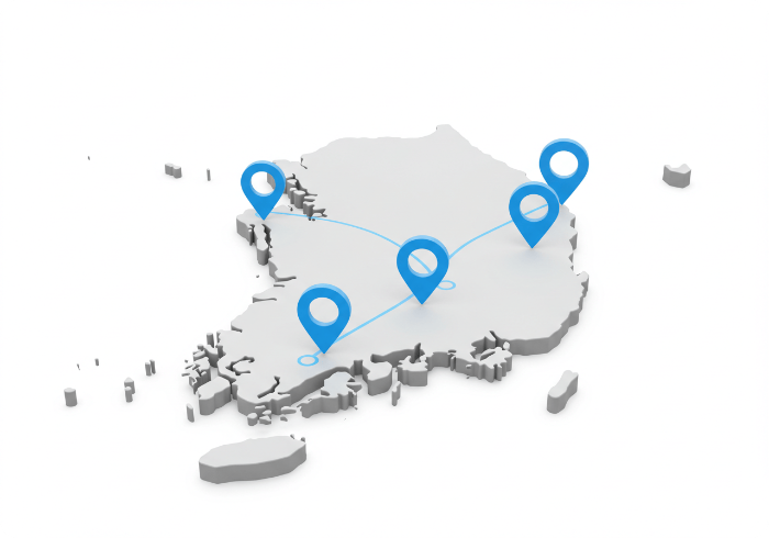 전국 6개 권역별 중장년내일센터 연락처를 한국 지도 위에 표시한 3D 인포그래픽