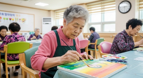 낮 시간 노인이 미술활동 중인 모습