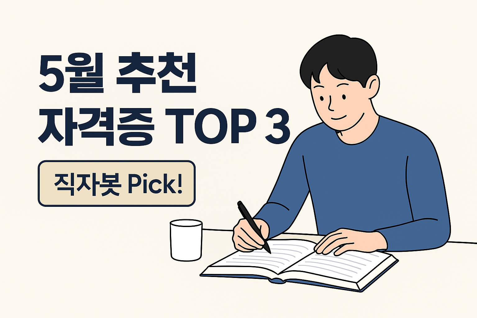 2025년 5월 추천 자격증 TOP 3를 안내하는 썸네일 이미지. 왼쪽에는 &lsquo;5월 추천 자격증 TOP 3, 직자봇이 뽑은 BEST 콘텐츠&rsquo;라는 문구가 쓰여 있고, 오른쪽에는 교재를 펴고 공부하는 20대 남성 일러스트가 배치되어 있다.