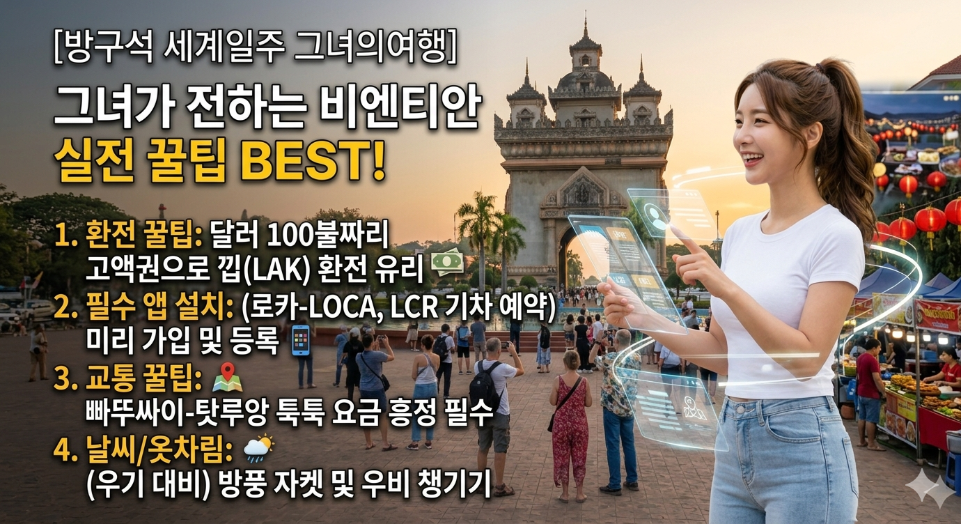 [방구석 세계일주 그녀의여행] 라오스 비엔티안 여행 실전 꿀팁 완벽 압축 가이드 인포그래픽 이미지. 어깨 길이의 검은색 웨이브 포니테일 머리를 한 젊은 한국 여성 여행자(키 165cm, 52kg)가 흰색 반팔 티셔츠와 청바지를 입고, 비엔티안의 메콩강, 방비엥의 블루라군과 기암괴석, 루앙프라방의 고풍스러운 사원과 꽝시 폭포, 씨판돈과 팍세의 대자연 등 라오스의 주요 명소들이 하나의 흐르는 듯한 대륙 파노라마로 자연스럽게 통합된 광활한 배경을 향해 공중에 높이 점프하며 두 팔을 활짝 벌린 매력적인 전신 뒷모습. 각 명소 영역에는 작고 깔끔한 한글 지명 라벨(비엔티안, 방비엥, 루앙프라방 사원, 꽝시 폭포, 씨판돈)이 배치되어 있다. 화면 가로 3등분 기준 가장 오른쪽에 여성이 위치하며, 왼쪽에는 '[방구석 세계일주 그녀의여행] 그녀가 강력 추천하는 라오스 여행 필수 코스 TOP 7'라는 가시성 높은 한글 제목과 7개 포인트 목록('1. 비엔티안: 아침 탁발 &amp; 빠뚜싸이 시내 투어', '2. 방비엥: 블루라군 버기카 &amp; 카야킹', '3. 루앙프라방: 유네스코 세계문화유산 도시 산책', '4. 꽝시 폭포: 에메랄드 천연 풀장 수영 명소', '5. 팍세 / 볼라벤: 대자연 쌍둥이 폭포 vs 커피 고원', '6. 씨판돈: 4천 개의 섬 힐링 vs 돌고래 투어', '7. 왓 씨엥통: 루앙프라방 사원 예술의 정수')이 깨끗하게 정리되어 있다. 이국적이고 매력적인 고화질 이미지.
