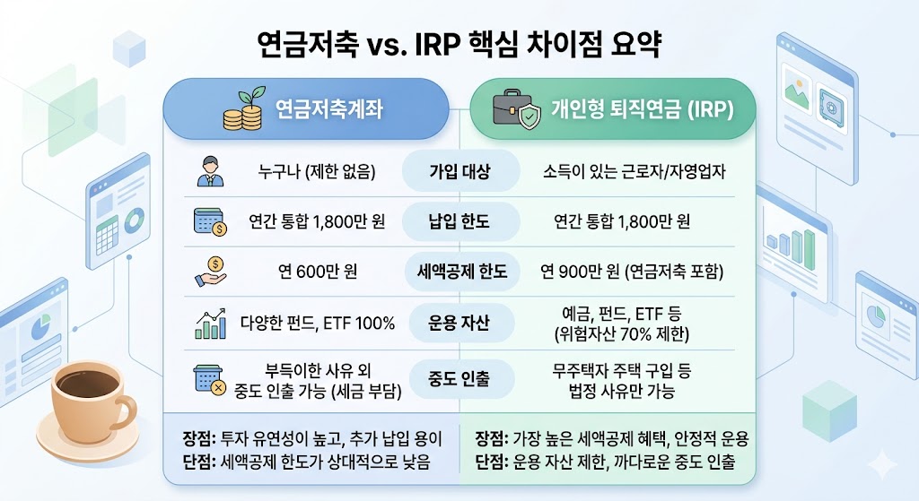 A neat analytical infographic displaying the structural comparison between Pension Savings and IRP in South Korea