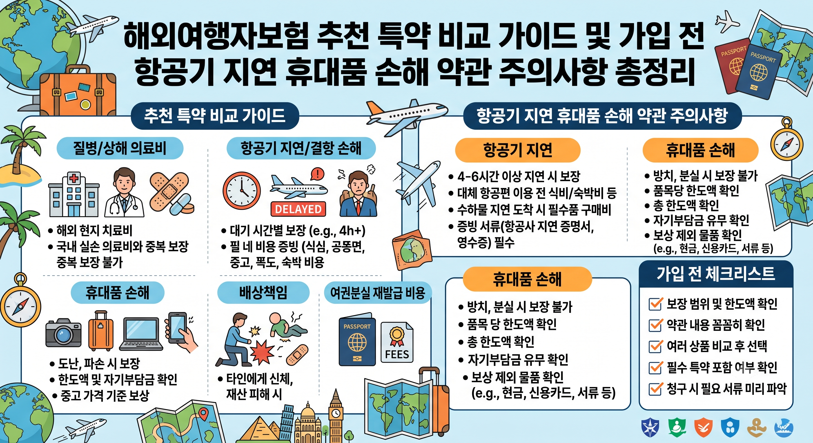 해외여행자보험 추천 특약 비교 가이드 및 가입 전 항공기 지연 휴대품 손해 약관 주의사항 총정리