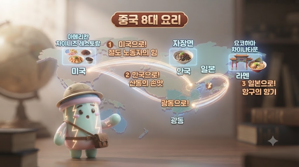 지도 위에는 각 나라의 상징물(자유의 여신상, 남대문, 후지산)이 세워져 있고, 그 아래로 굴소스 병이 이동하는 모습이 애니메이션처럼 표현됩니다. 각 경로 옆에는 '아메리칸 차이니즈', '한국식 짜장면', '요코하마 차이나타운'이라는 글씨가 빛납니다.