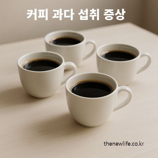 흰색 컵에 담긴 블랙커피 네 잔과 '커피 과다 섭취 증상' 문구