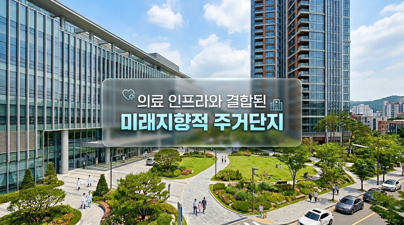세련된 현대식 종합병원 건물과 그 옆으로 웅장하게 솟아오른 프리미엄 아파트 단지가 푸른 하늘 아래 조화를 이루는 고화질 실사 전경