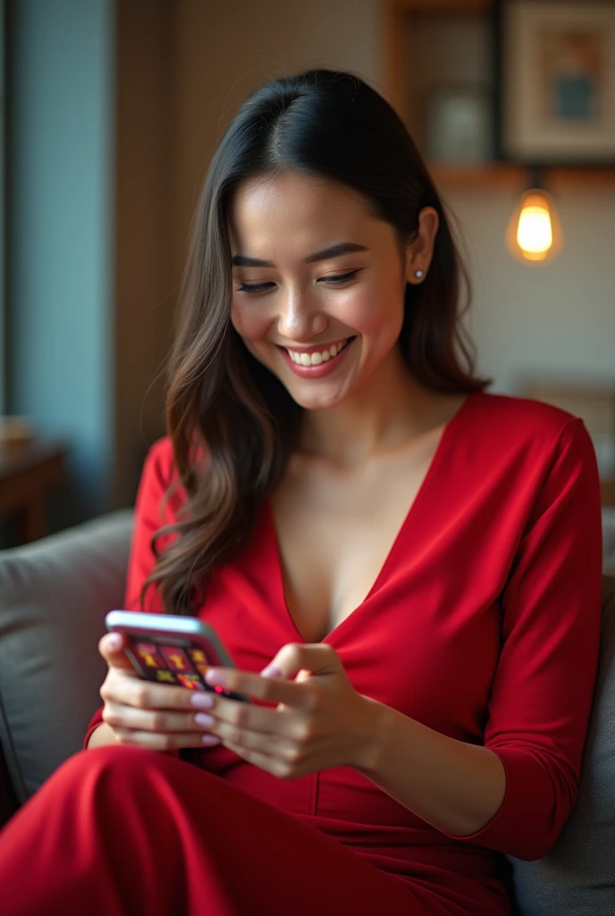 휴대폰을 보고 좋아하는 여자 이미지