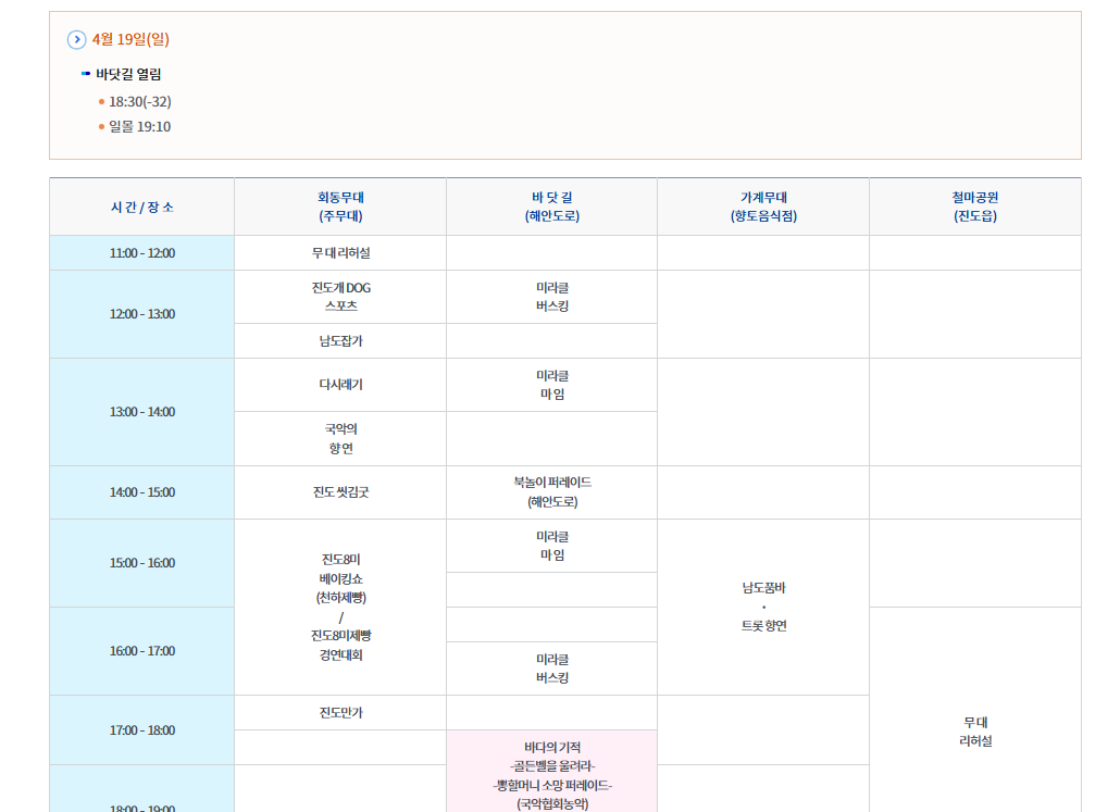 진도 신비의 바닷길 축제 일정(4월 19일)