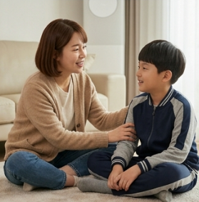 엄마가 아들 말에 눈 맞추며 들어주는 모습