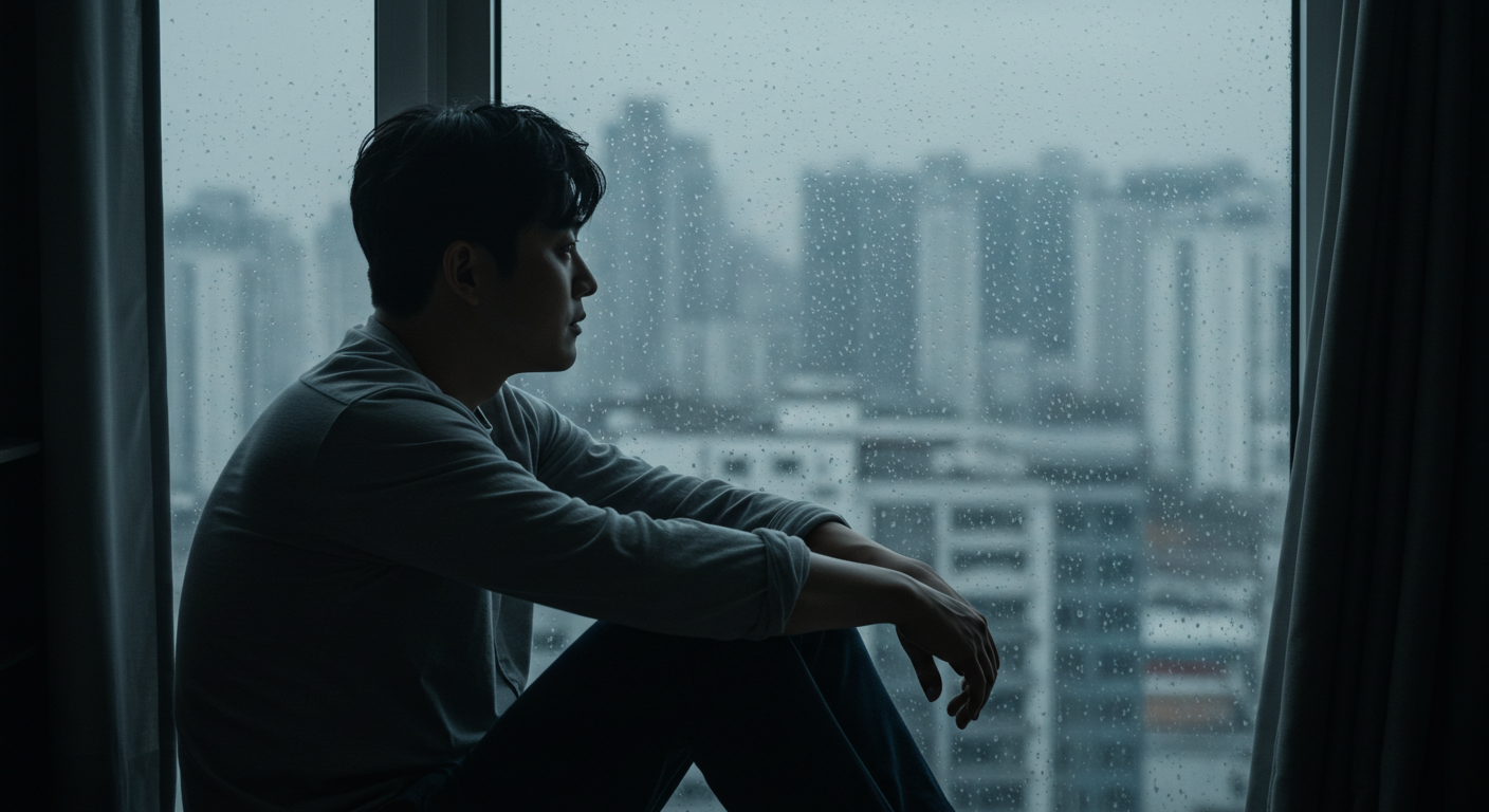 비오는 밖을 바라보는 남성-사진