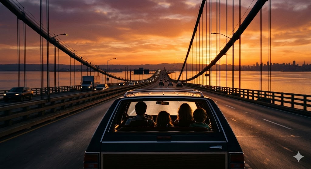 노을 지는 고속도로를 여유롭게 드라이브하는 가족의 행복한 실루엣