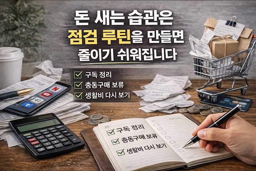 자동결제 정리, 충동구매 보류, 생활비 점검 루틴으로 2026 돈 새는 습관을 줄이는 방법을 보여주는 체크리스트 이미지
