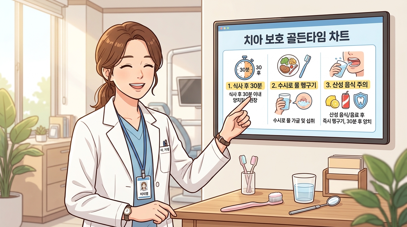밝고 아늑한 치과 병원 진료실에서 보건 의학 전문가 선생님이 대형 인포그래픽 차트를 가리키며 식후 입안의 산도 저하 및 법랑질 탈회 생리학적 메커니즘을 설명하고, 양치질의 골든타임 수칙과 식후 몇 분 뒤에 양치하는 것이 치아 부식 방지에 가장 좋을까에 대한 해답으로 30분 대기 후 미세모 양치 방법을 환자에게 다정하게 안내해 주는 2D 일러스트 이미지.
