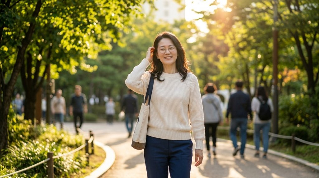 맑은 날 공원에서 아침 햇빛을 받으며 걷고 있는 중년 여성